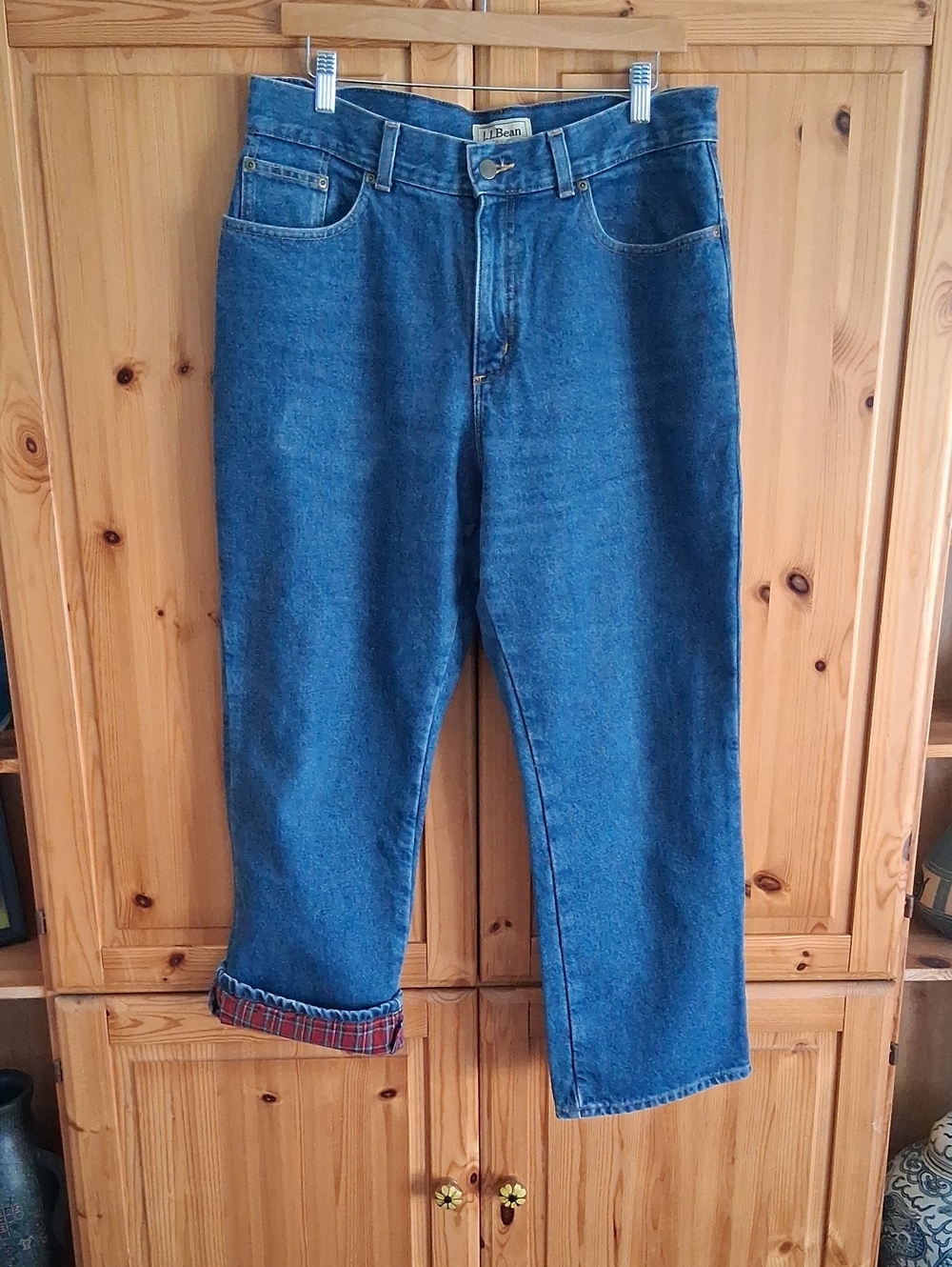 L.L. Bean Plaid Flannel Lined Utility Denim Jeans Plus Size 14